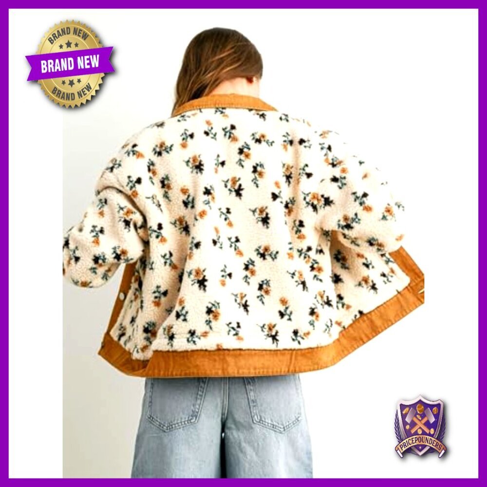 Oversized Sherpa Fleece Jacket Denim Collar Floral Print Button Front Pockets - Picture 6 of 7